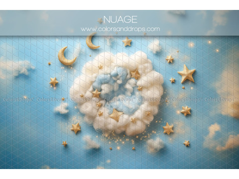 Fond photo nouveau-né Nuage – nuage blanc avec étoiles et lunes dorées sur ciel bleu | Colors&Drops