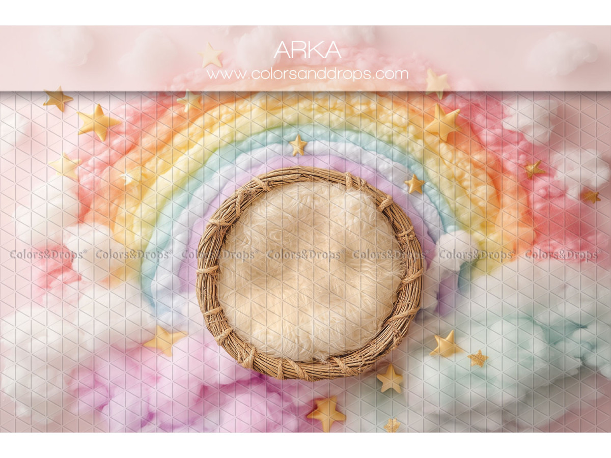 Fond photo nouveau-né Arka – nid en osier avec arc-en-ciel et nuages | Colors&Drops