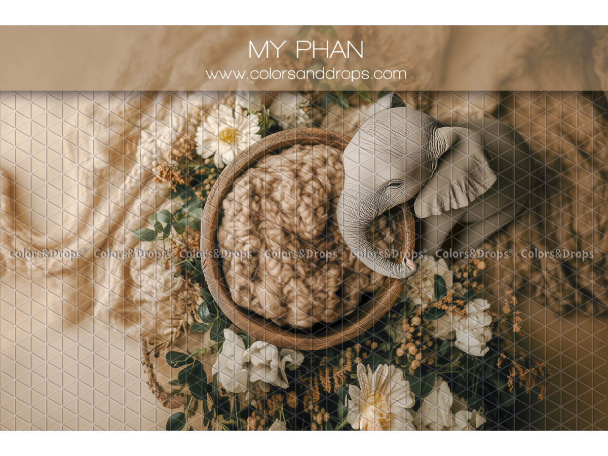 Newborn photo backdrop My Phan – wooden nest with elephant and white flowers | Colors&Drops