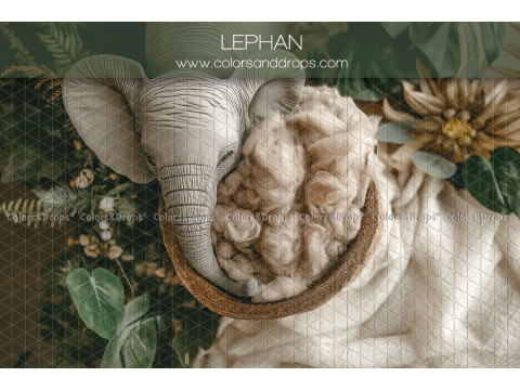 Fond photo nouveau-né Lephan – nid en osier avec éléphant et feuillage tropical | Colors&Drops