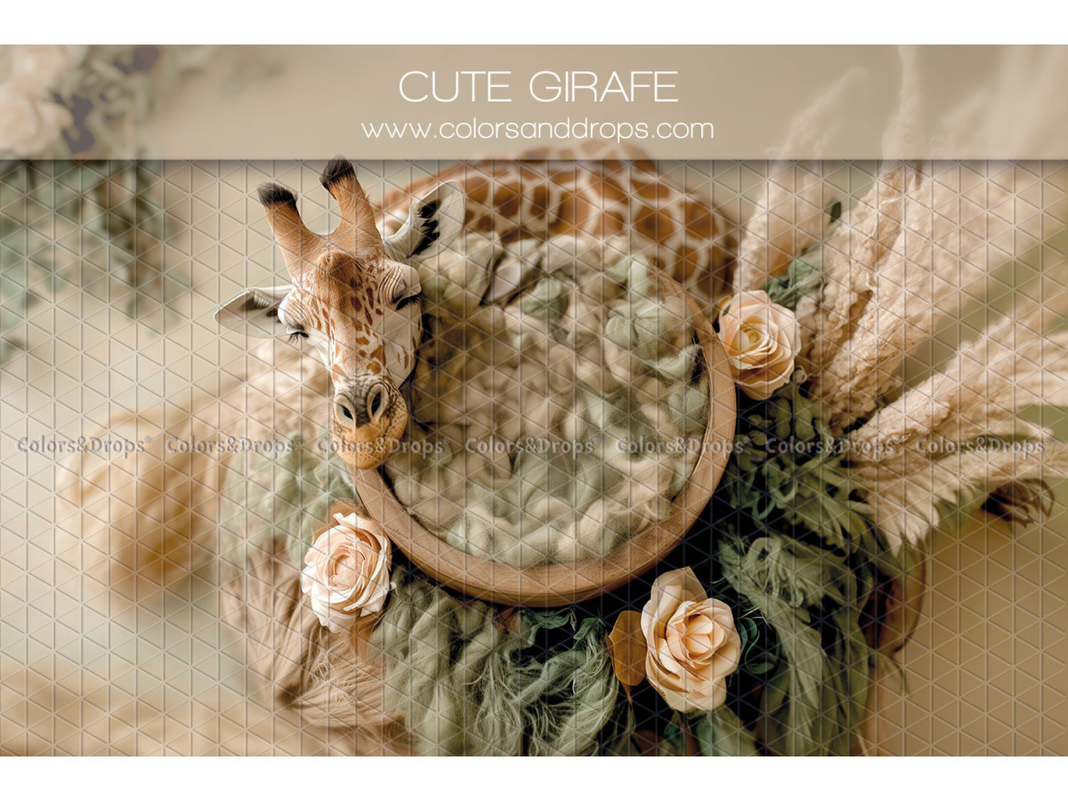 Fond photo nouveau-né Cute Girafe – nid en bois avec girafe et roses | Colors&Drops