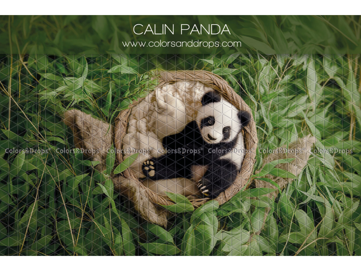 Newborn photo backdrop Calin Panda – wicker nest with panda in foliage | Colors&Drops