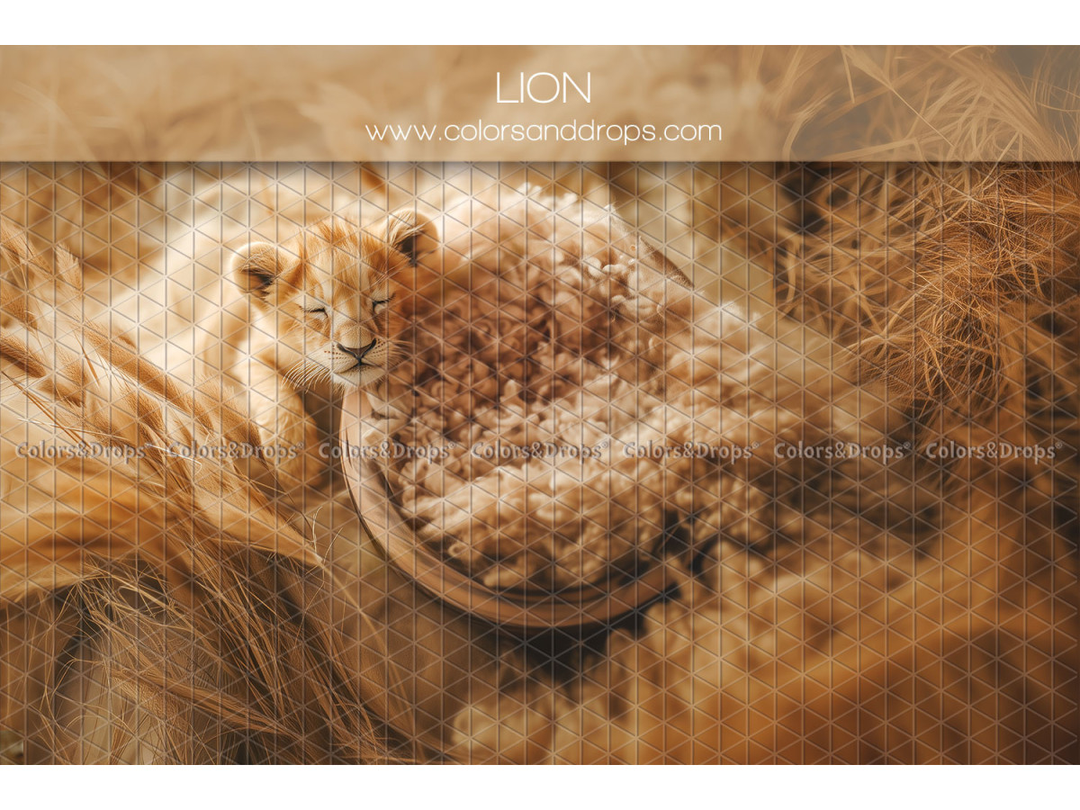 Fondo fotográfico de recién nacido Lion – nido de madera con cachorro de león y hierbas | Colors&Drops