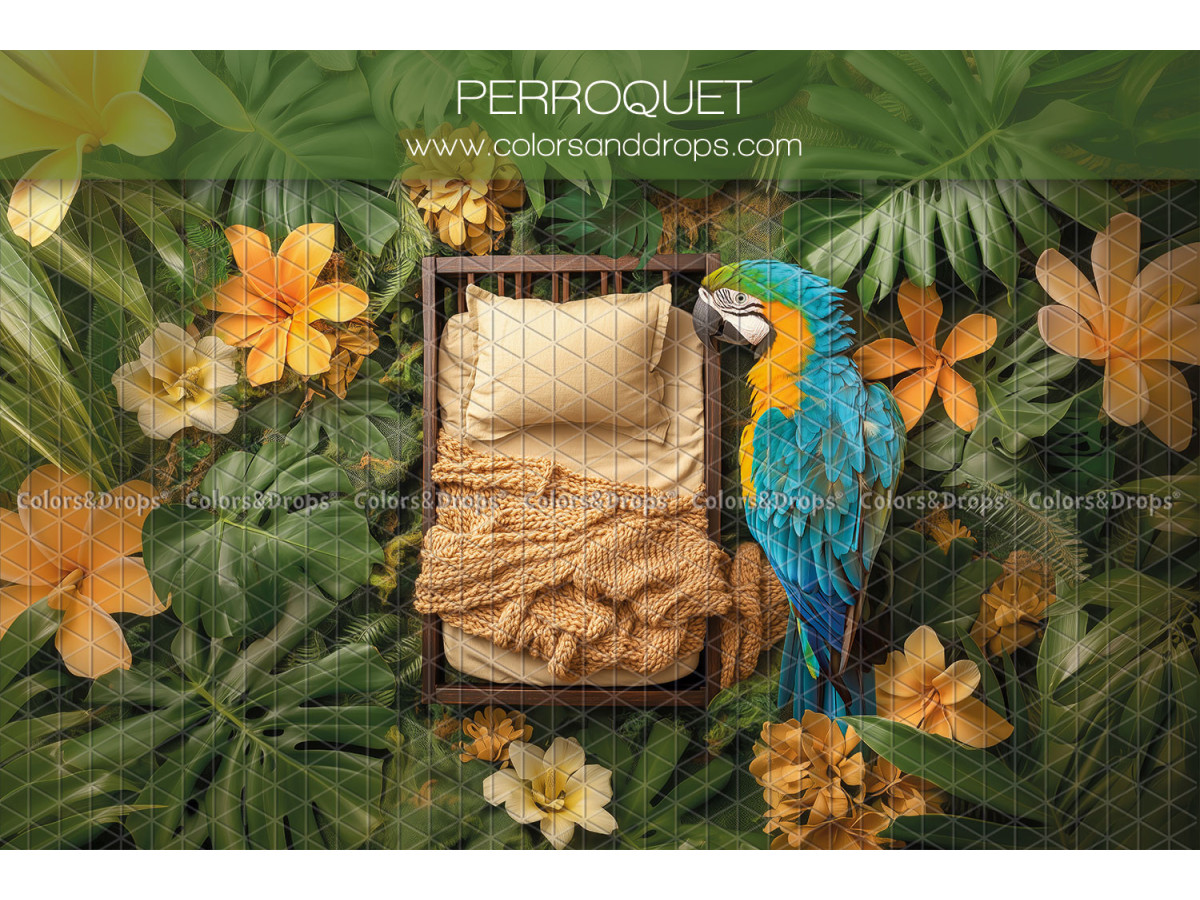 Newborn photo backdrop Perroquet – small wooden bed with parrot and tropical flowers | Colors&Drops