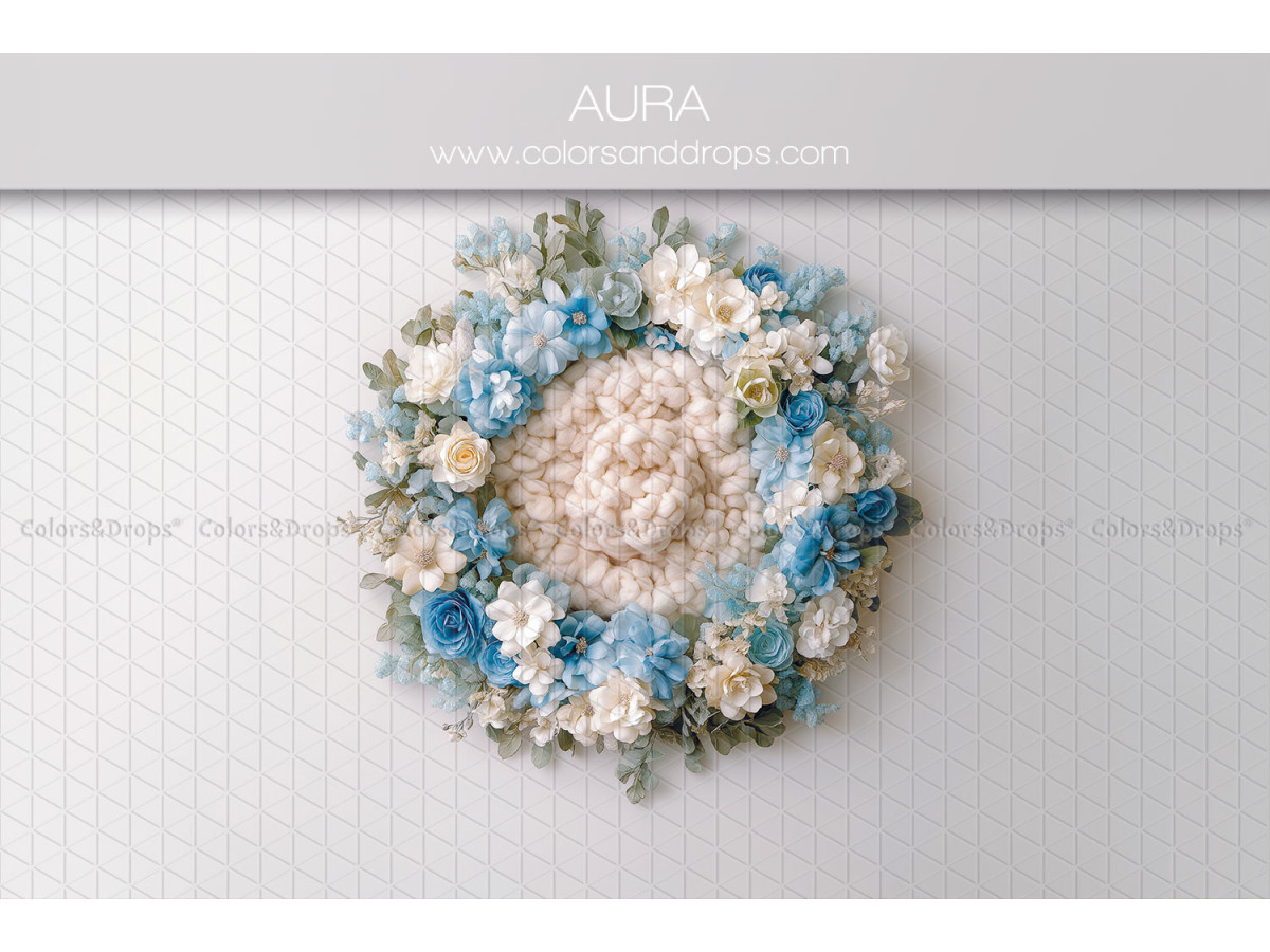 Newborn photo backdrop Aura – blue and white flower wreath with wool | Colors&Drops