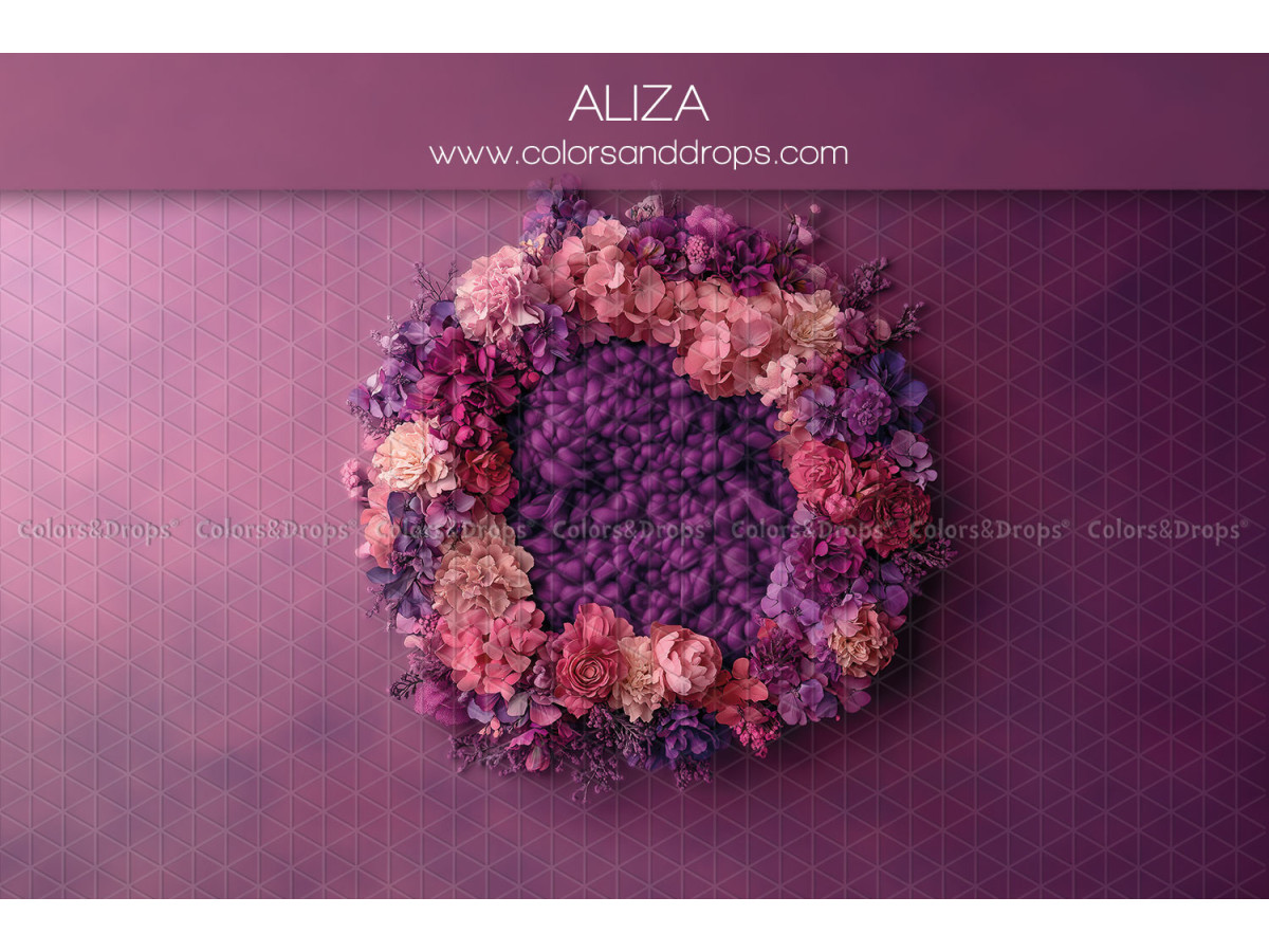 Newborn photo backdrop Aliza – pink and purple flower wreath on magenta background | Colors&Drops