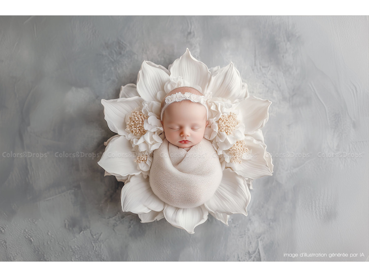 Newborn photo backdrop Isa – large white relief flower on grey background | Colors&Drops