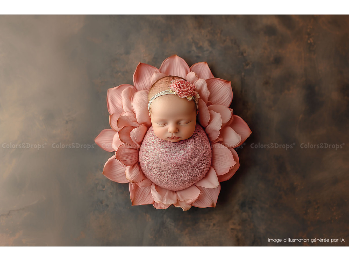Newborn photo backdrop Meana – large salmon relief flower on brown background | Colors&Drops