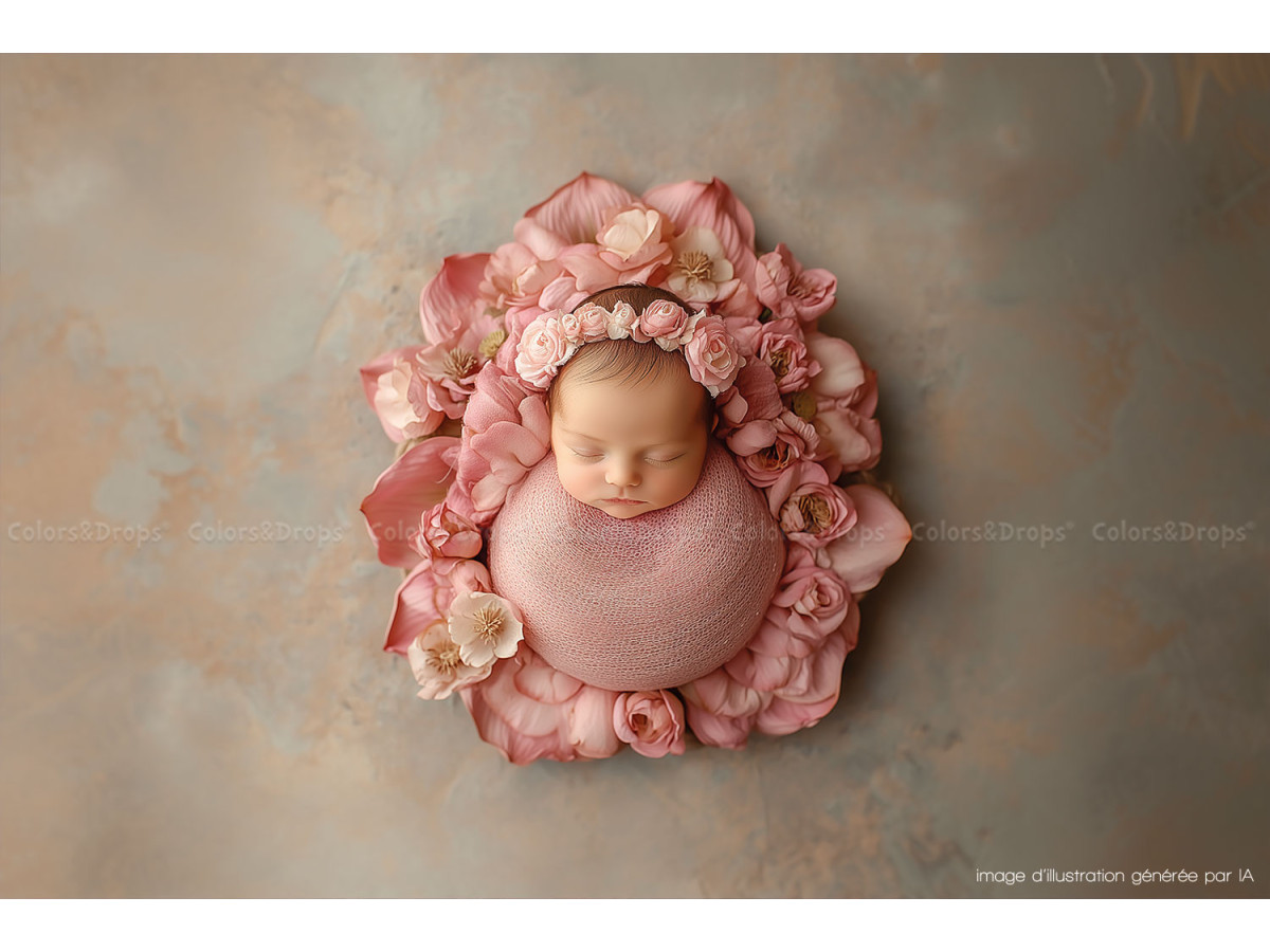 Newborn photo backdrop Solea – pink relief flower bouquet on taupe background | Colors&Drops
