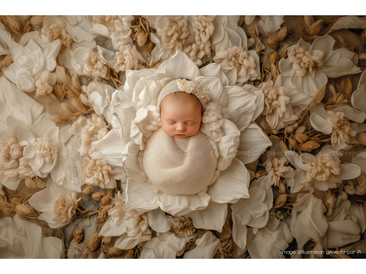 Fondo fotográfico de recién nacido Olaria – gran flor crema en relieve entre pétalos | Colors&Drops