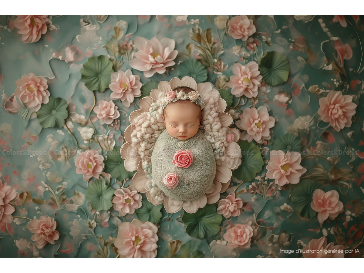 Newborn photo backdrop Respona – pink relief flowers on green background | Colors&Drops