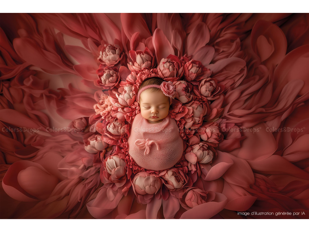 Fond photo nouveau-né Reja – grande fleur en relief rouge sur fond rouge | Colors&Drops