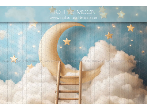 Fond photo nouveau-né To the Moon – lune et échelle au-dessus des nuages étoilés | Colors&Drops