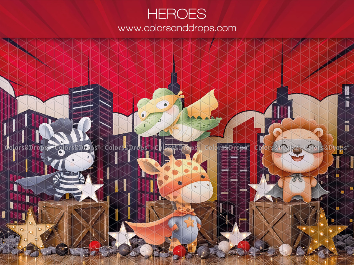 Fond photo bébé et smash cake Heroes – animaux super-héros devant une ville la nuit | Colors&Drops