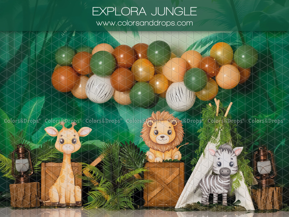 Baby & cake smash photo backdrop Explora Jungle – jungle animals with green and orange balloons | Colors&Drops