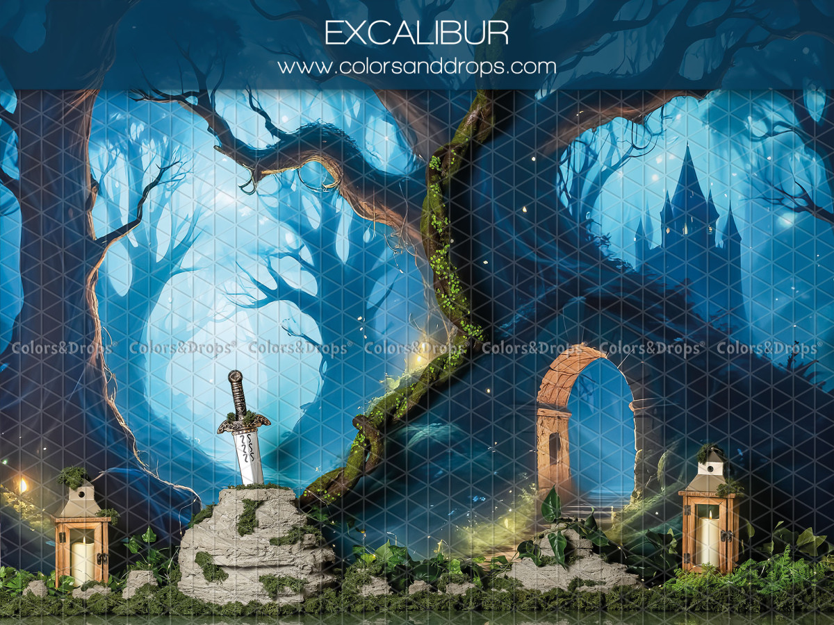 Fond photo bébé et smash cake Excalibur – forêt enchantée avec épée dans la pierre et château | Colors&Drops