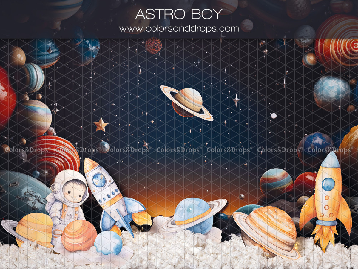 Fondo fotográfico de bebé y smash cake Astroboy – astronauta y cohetes entre los planetas | Colors&Drops