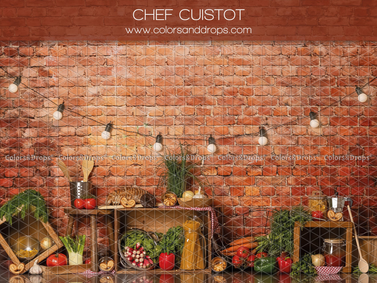 Baby & cake smash photo backdrop Chef Cuistot – kitchen against brick wall with string lights | Colors&Drops