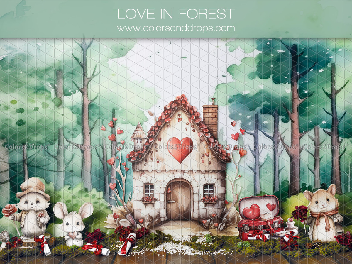 Fond photo bébé et smash cake Love in Forest – maisonnette au cœur dans une forêt avec animaux | Colors&Drops