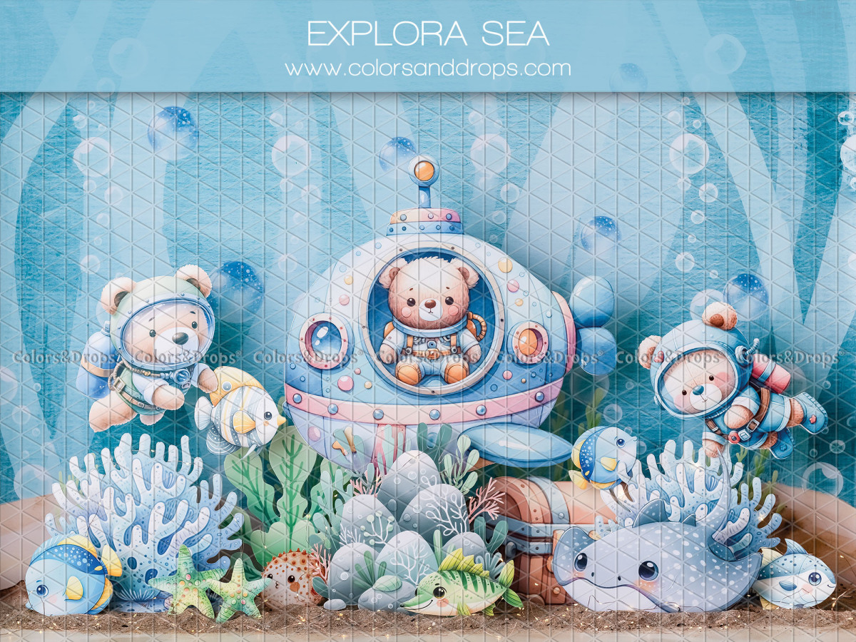 Fond photo bébé et smash cake Explora Sea – sous-marin avec oursons et fonds marins | Colors&Drops