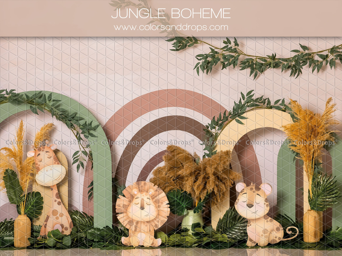 Baby & cake smash photo backdrop Jungle Boheme – boho arches with lion, giraffe and pampas | Colors&Drops