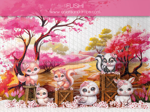 Fond photo bébé et smash cake Fushi – animaux de la forêt sous arbres roses | Colors&Drops