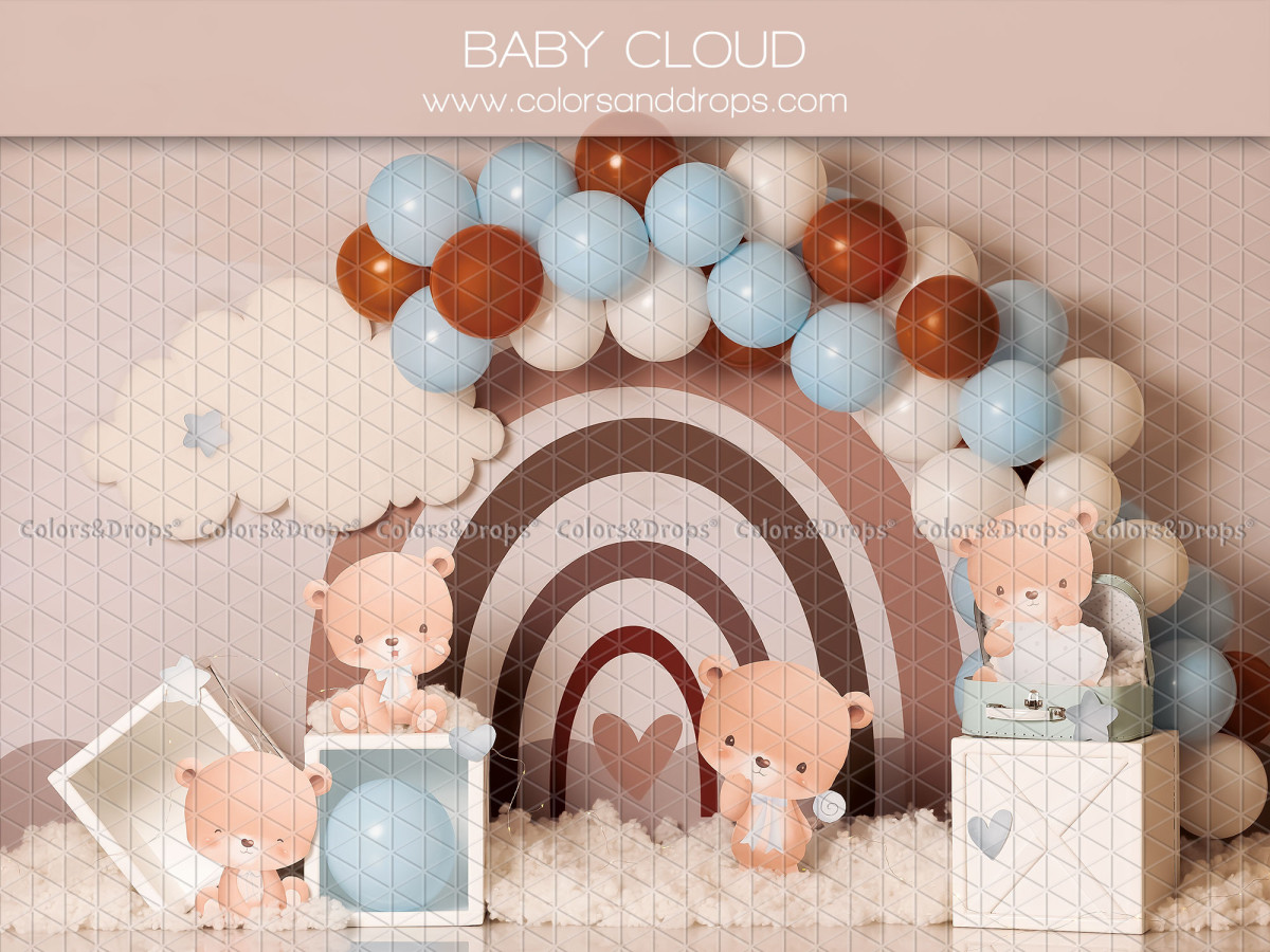 Fond photo bébé et smash cake Baby Cloud – arc-en-ciel bohème avec ballons et oursons | Colors&Drops