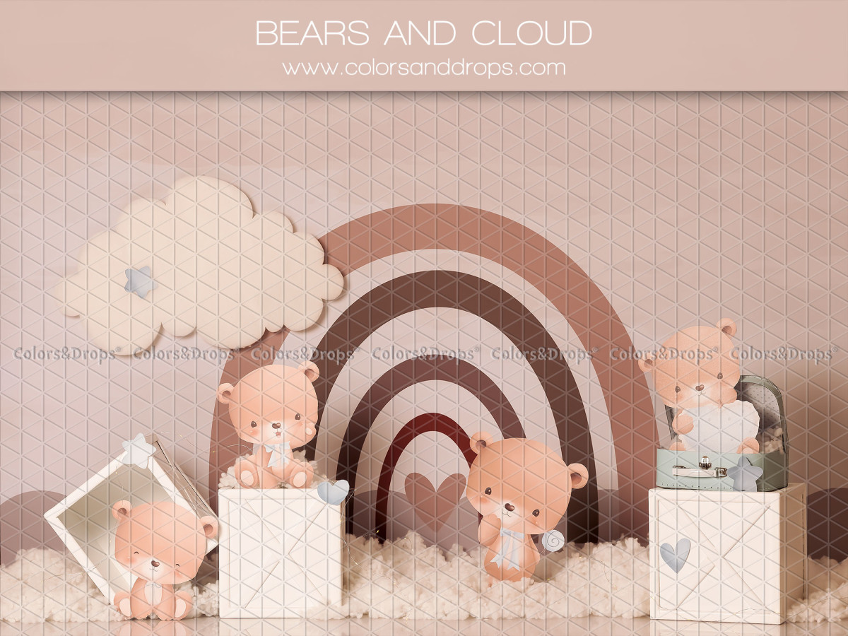 Fond photo bébé et smash cake Bears and Cloud – arc-en-ciel bohème avec nuage et oursons | Colors&Drops