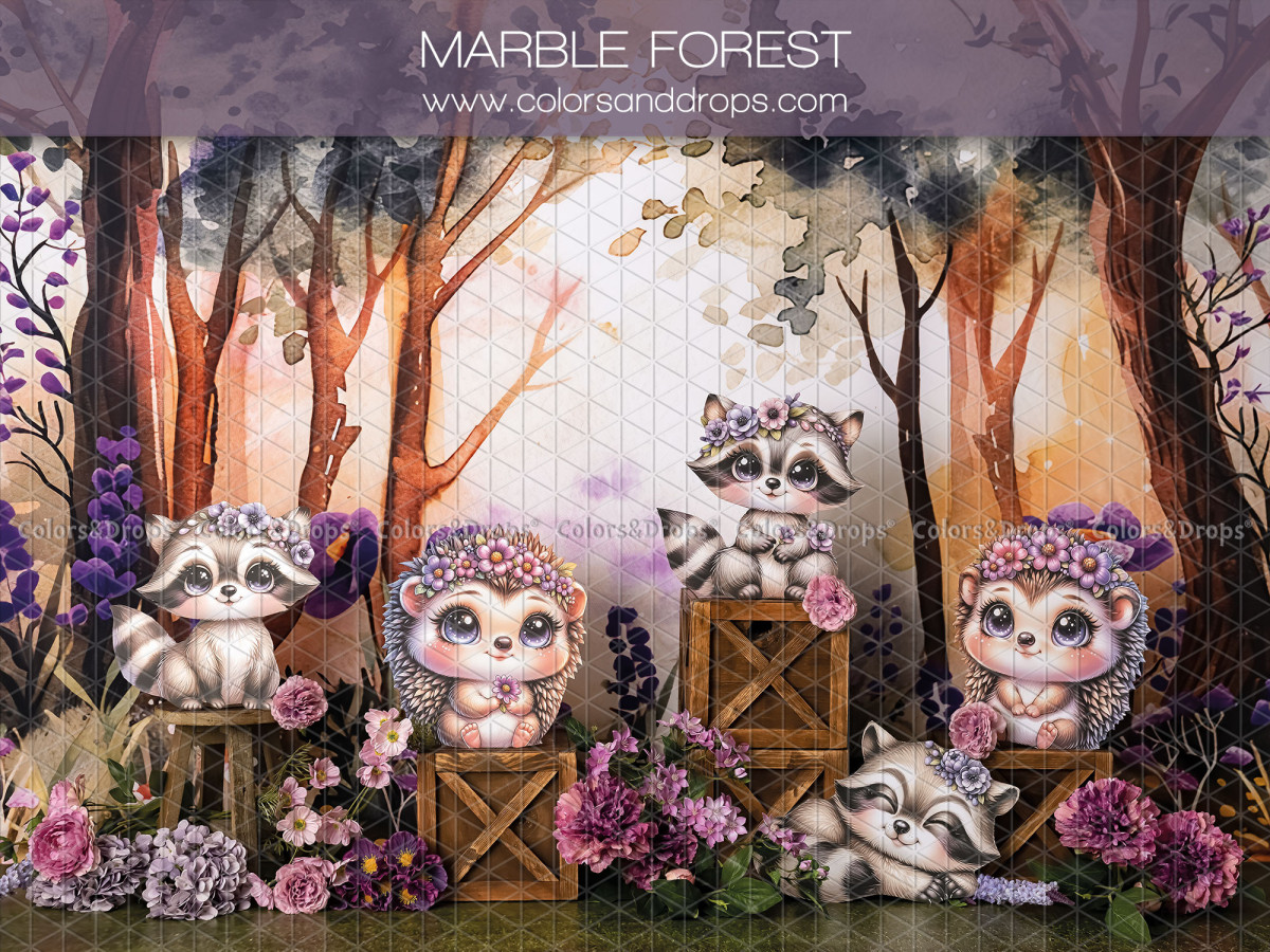 Fond photo bébé et smash cake Marble Forest – ratons laveurs dans une forêt fleurie | Colors&Drops
