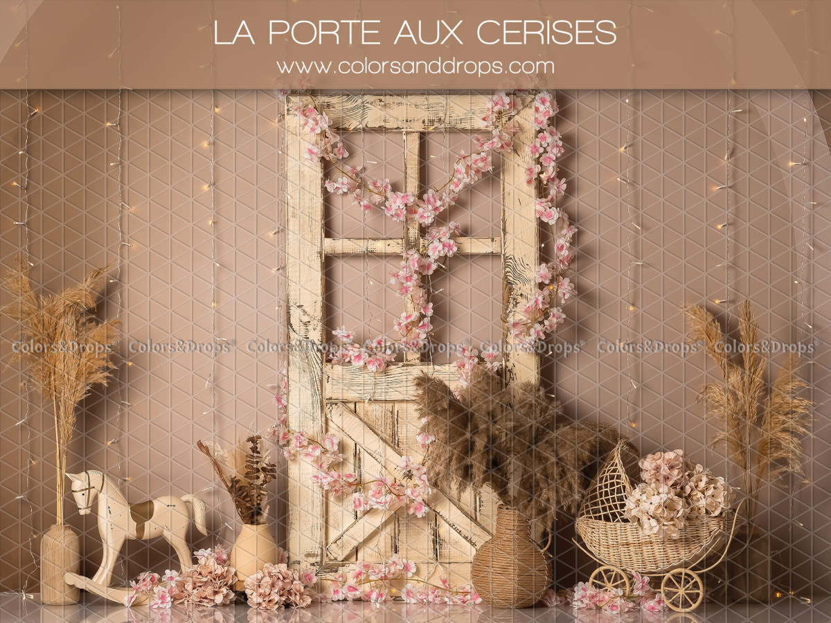 Fondo fotográfico de bebé y smash cake La Porte aux Cerises – puerta acristalada florida con caballito balancín | Colors&Drops