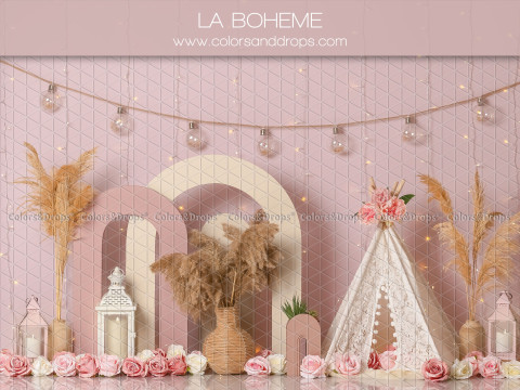 Fondo fotográfico de bebé y smash cake La Boheme – arcos bohemios rosas con tipi y pampas | Colors&Drops