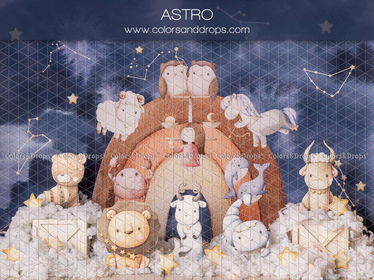 Fondo fotográfico de bebé y smash cake Astro – animales del zodiaco sobre nubes frente a un arco | Colors&Drops