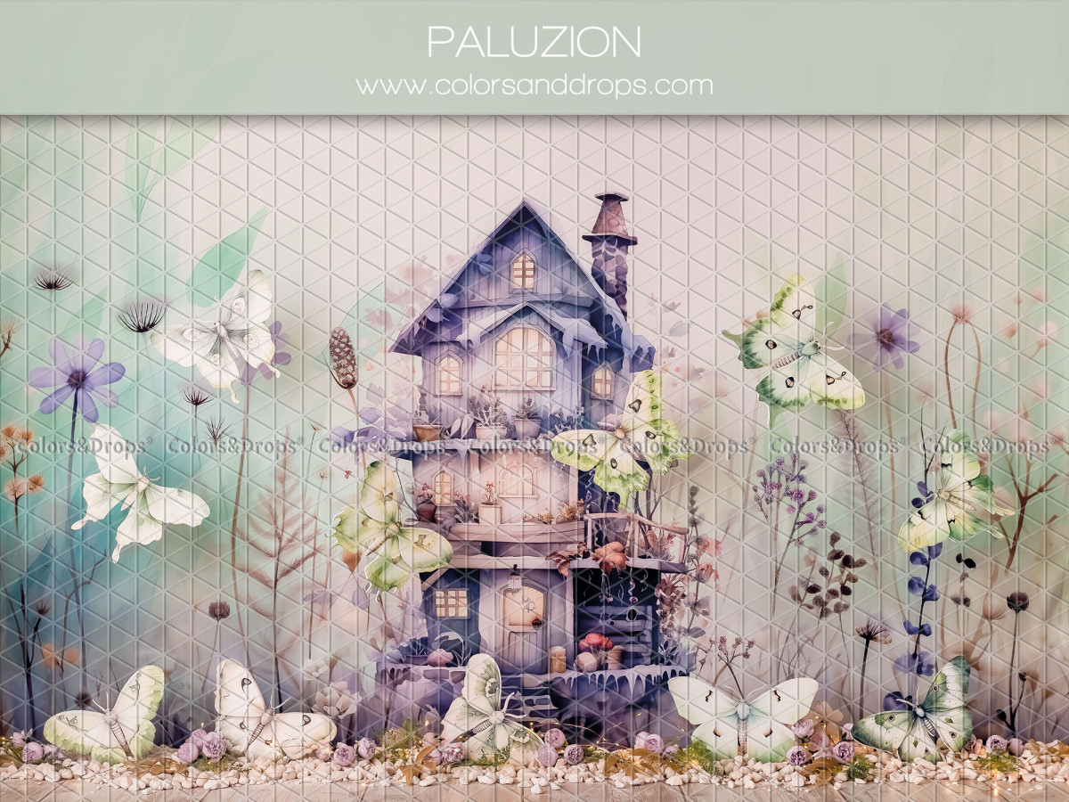 Fond photo bébé et smash cake Paluzion – maison violette avec papillons et fleurs | Colors&Drops