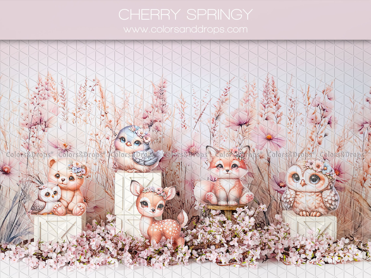 Baby & cake smash photo backdrop Cherry Springy – forest animals with pink cherry blossoms | Colors&Drops