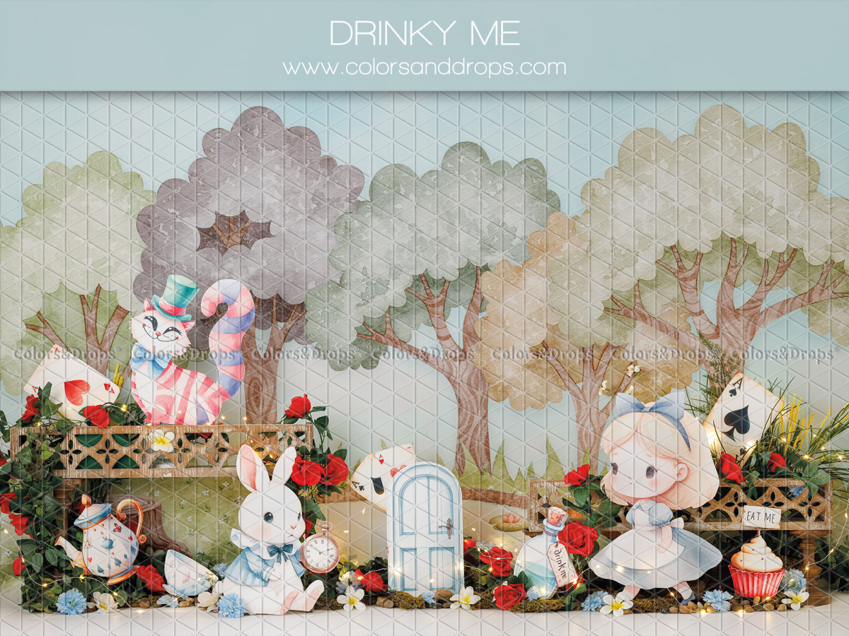 Fond photo bébé et smash cake Dinky Me – jardin du thé fantastique avec lapin et chat | Colors&Drops