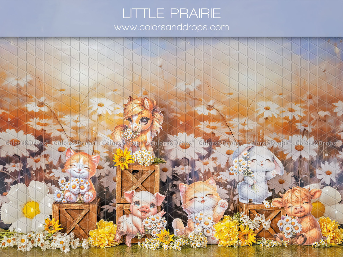 Fondo fotográfico de bebé y smash cake Little Prairie – animales en un campo de margaritas al atardecer | Colors&Drops