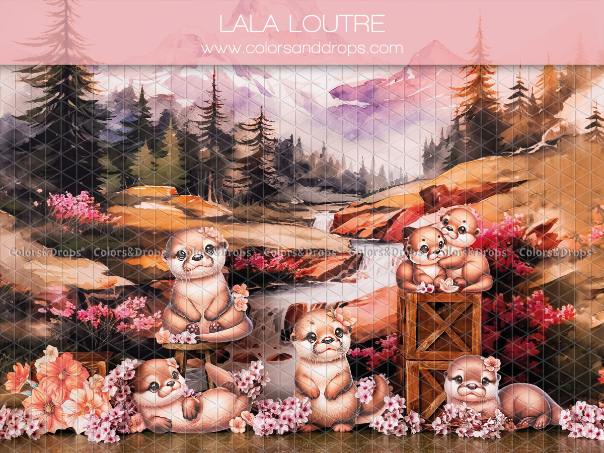 Fond photo bébé et smash cake Lalaloutre – loutres au bord d'une rivière en montagne | Colors&Drops
