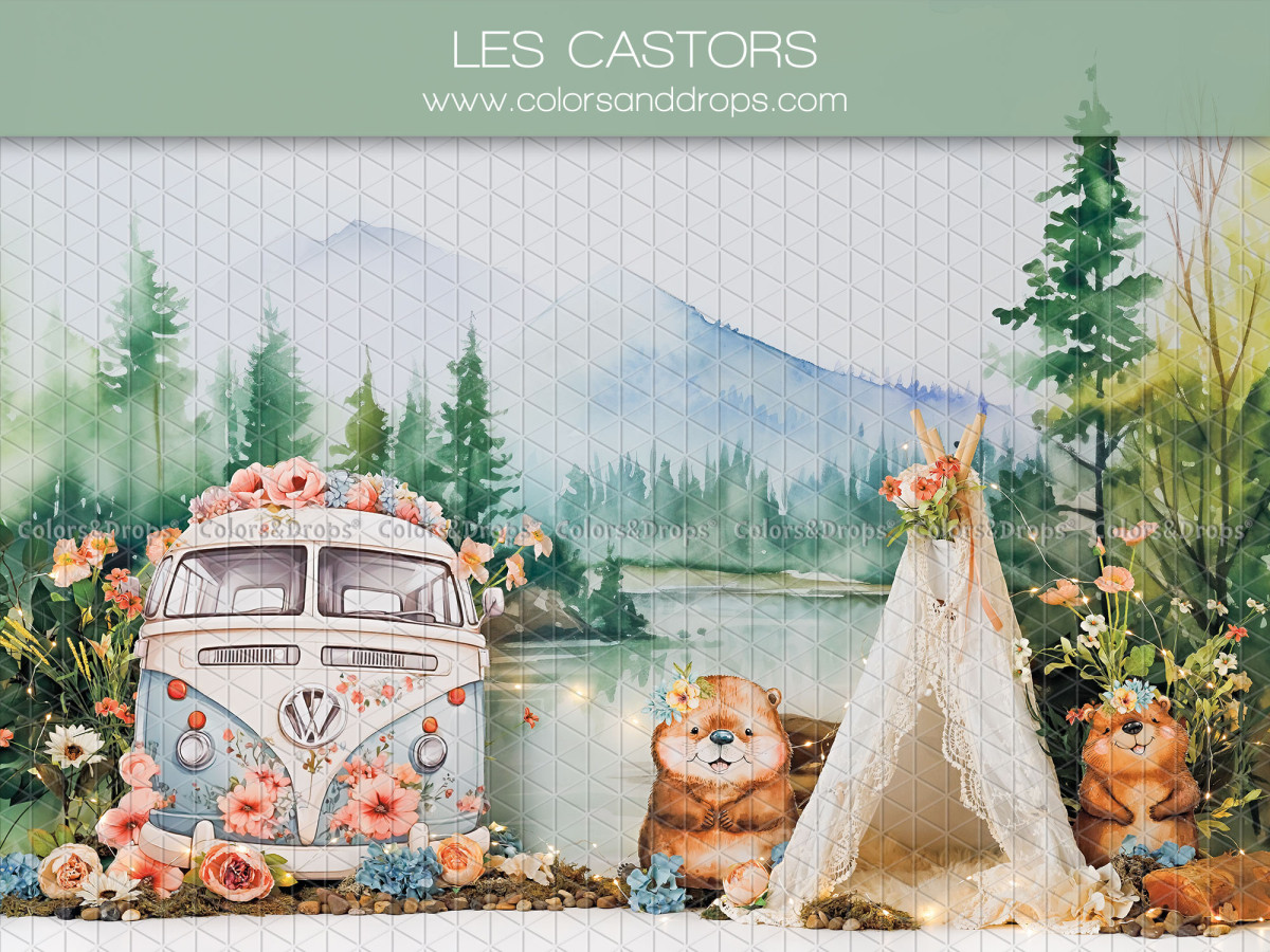 Fondo fotográfico de bebé y smash cake Les Castors – castores con furgoneta y tipi junto a un lago | Colors&Drops