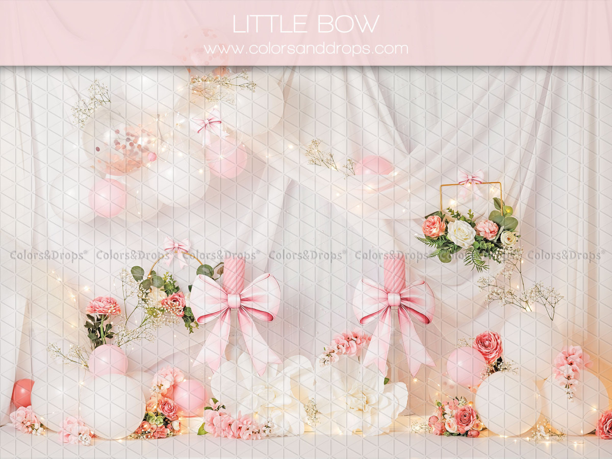 Fond photo bébé et smash cake Little Bow – voilages blancs avec ballons et nœuds roses | Colors&Drops