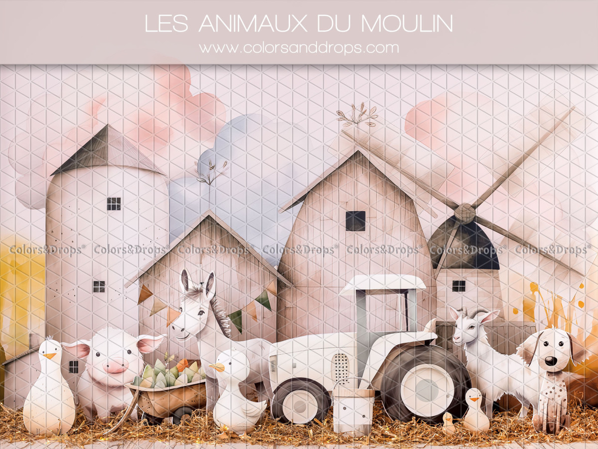 Fondo fotográfico de bebé y smash cake Les Animaux du Moulin – granja con molino, tractor y animales | Colors&Drops