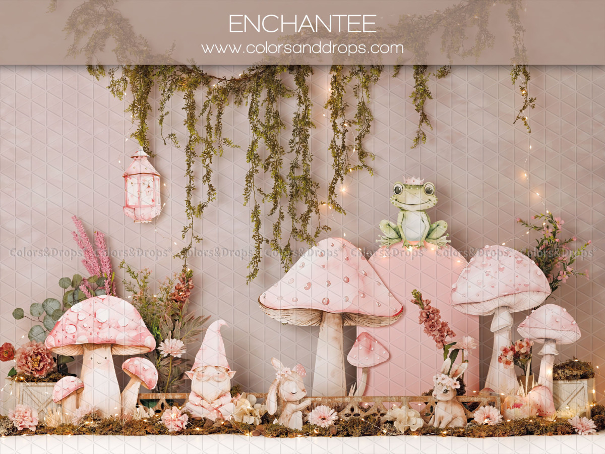 Fond photo bébé et smash cake Enchantee – champignons roses en forêt avec lianes et grenouille | Colors&Drops