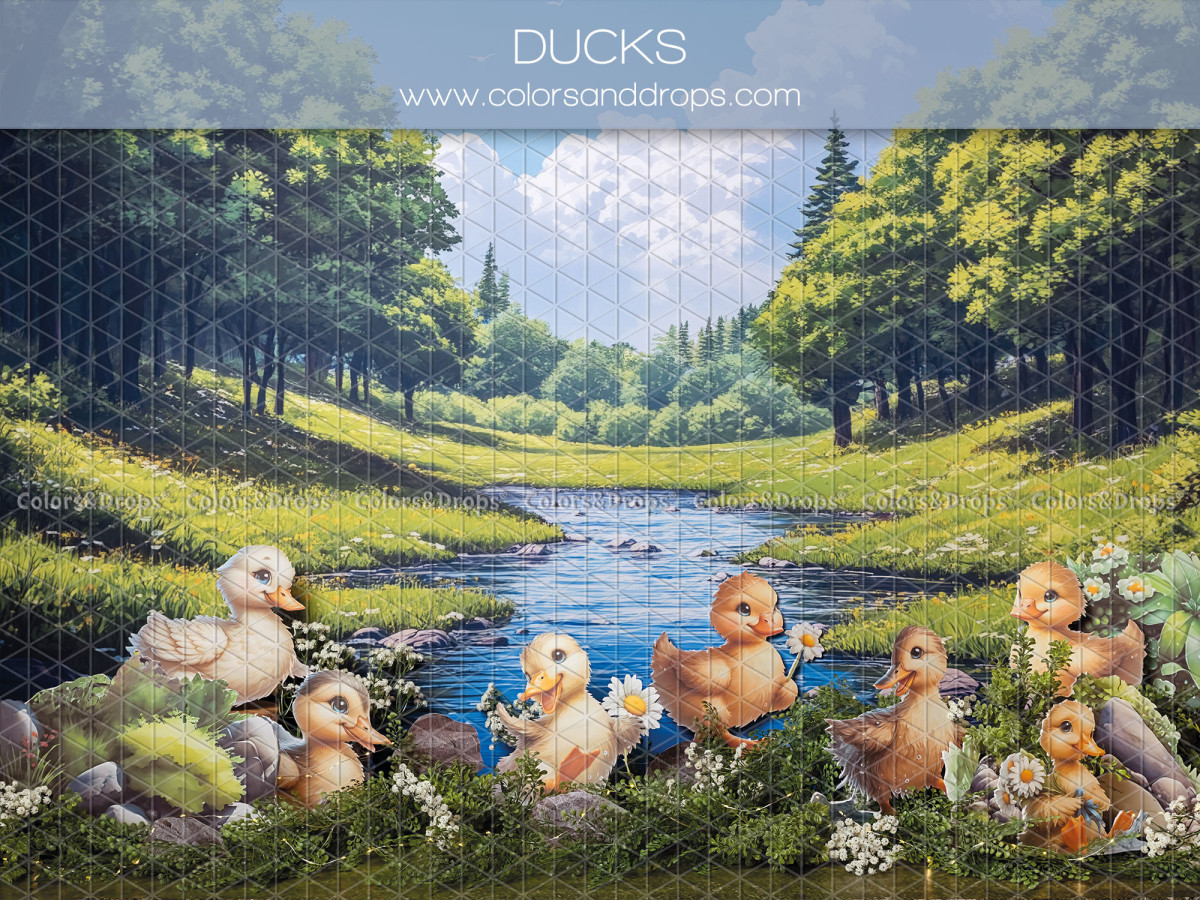 Fondo fotográfico de bebé y smash cake Ducks – patitos junto a un río en el bosque | Colors&Drops