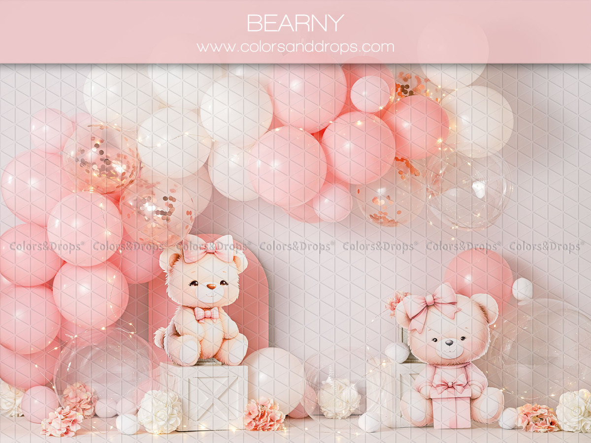 Baby & cake smash photo backdrop Bearny – pink balloon arch with teddy bears | Colors&Drops