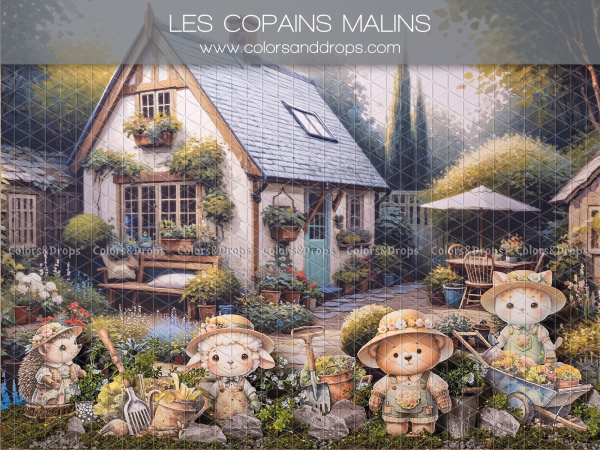 Fond photo bébé et smash cake Les Copains Malins – cottage fleuri avec oursons et animaux jardiniers | Colors&Drops