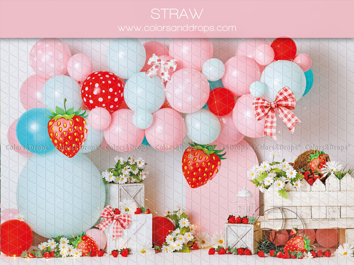 Fondo fotográfico de bebé y smash cake Straw – globos rosas y azules con fresas gigantes | Colors&Drops