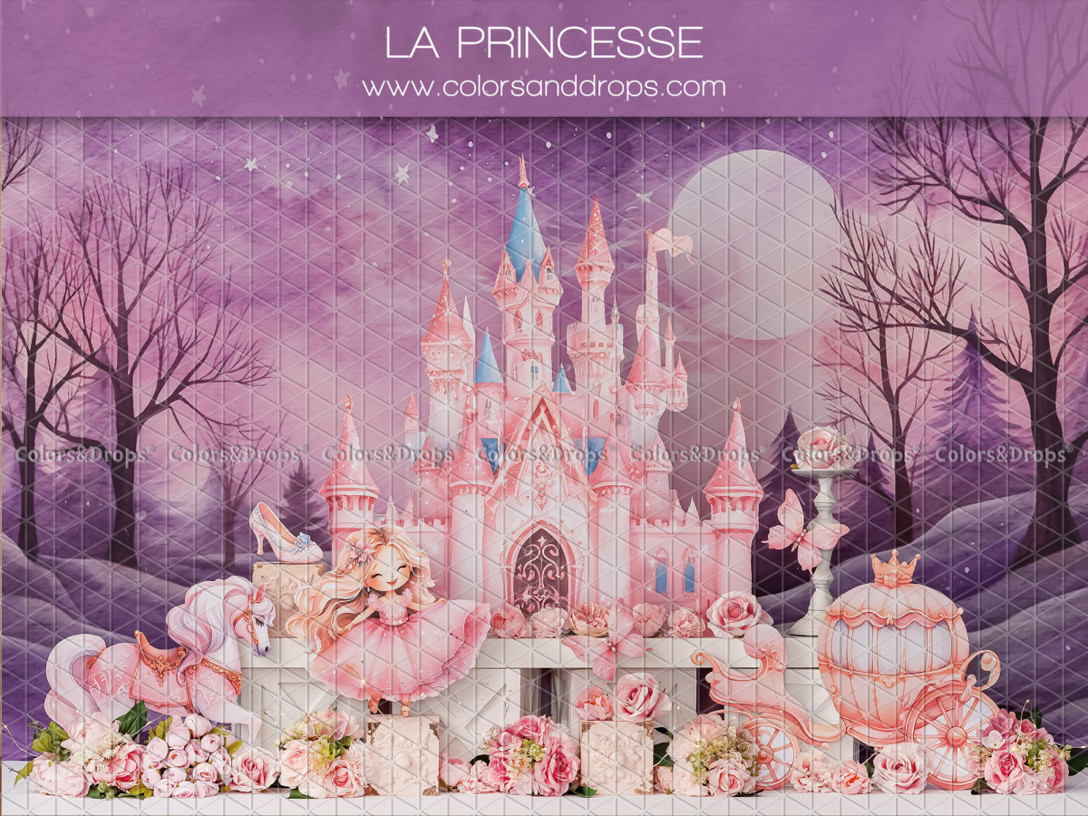 Fond photo bébé et smash cake La Princesse – château de princesse rose avec carrosse | Colors&Drops