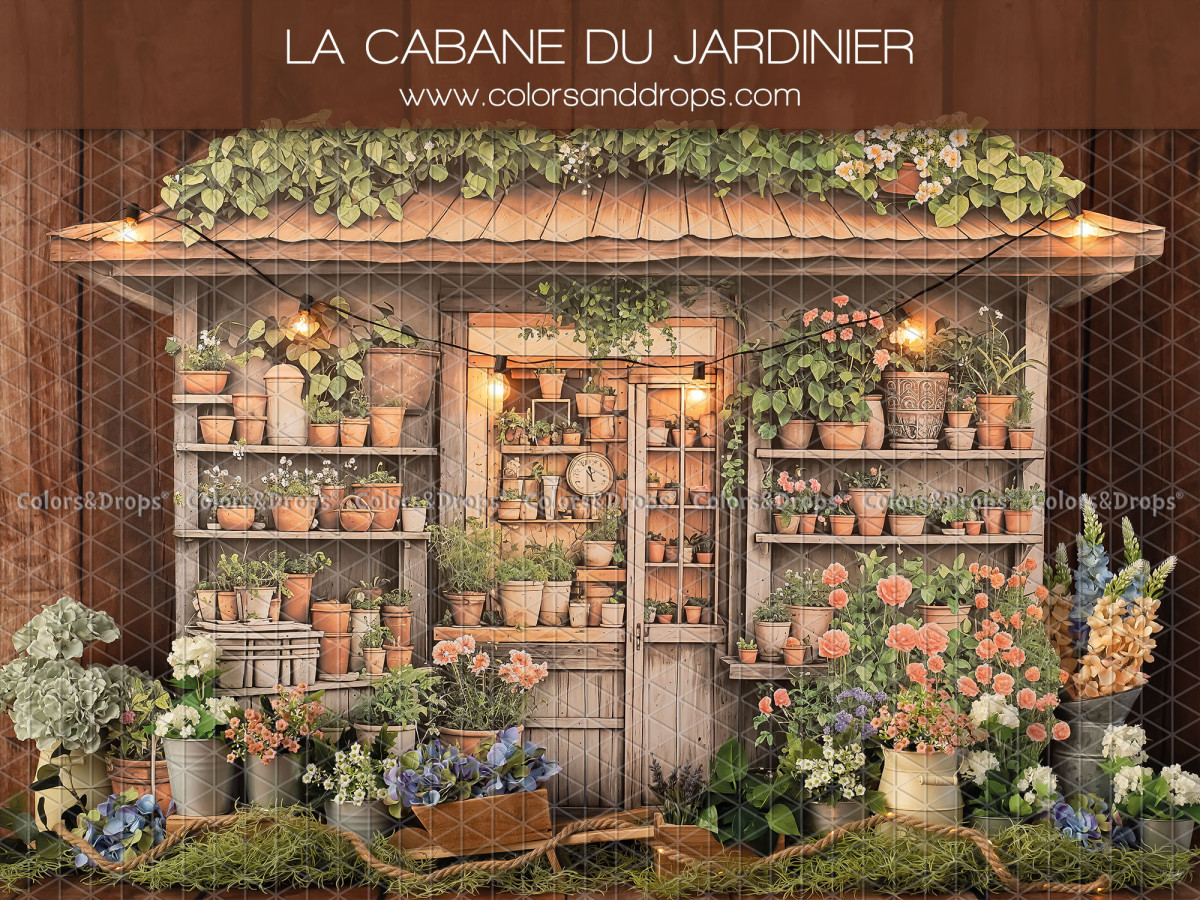 Baby & cake smash photo backdrop La Cabane du Jardinier – gardener's hut with flower pots and shelves | Colors&Drops
