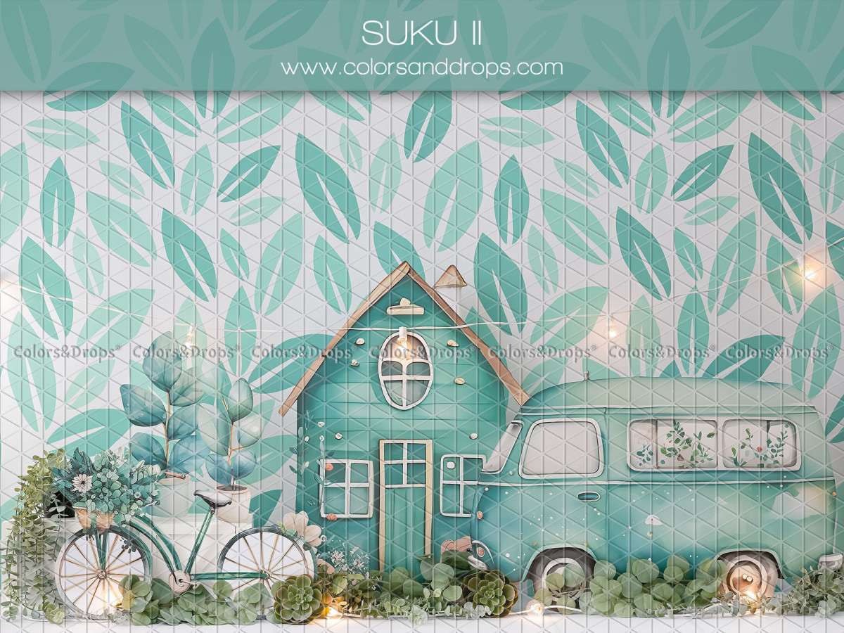 Baby & cake smash photo backdrop Suku II – turquoise house and van on leaf background | Colors&Drops