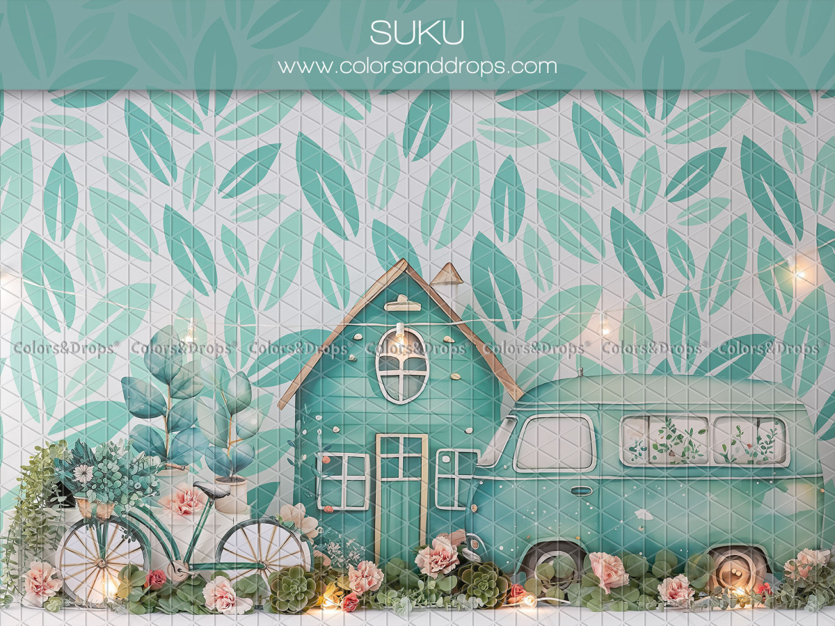 Fondo fotográfico de bebé y smash cake Suku – casa y furgoneta turquesa con bicicleta sobre fondo de hojas | Colors&Drops