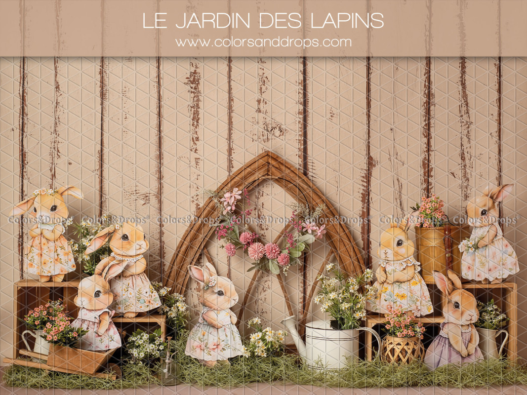 Fondo fotográfico de bebé y smash cake Le Jardin des Lapins – conejos jardineros con arco gótico sobre pared de | Colors&Drops